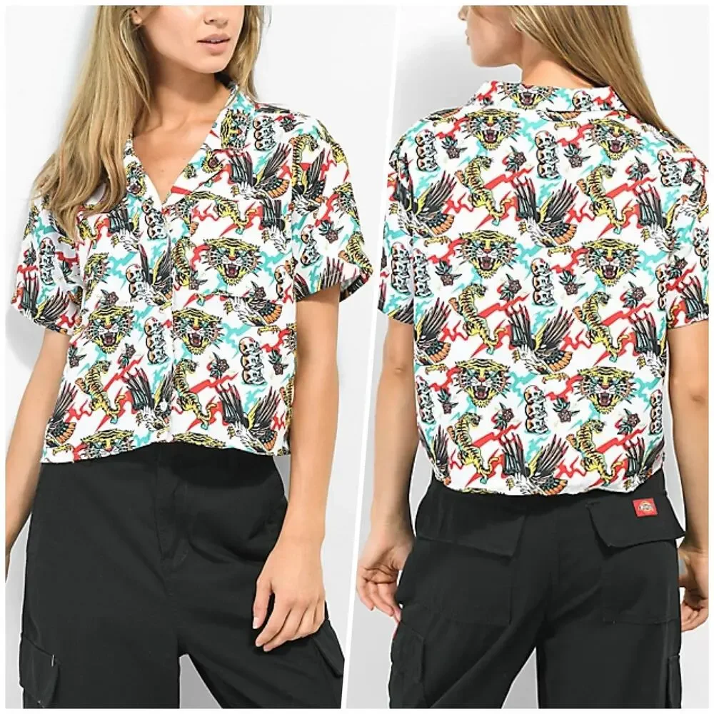 Empyre | Women | Kidd White Tiger Eagle Skull Cropped SS Button Up Shirt | XS